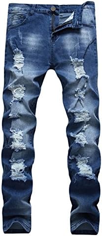 OKilr Pjik Men's Washed Dark Blue Stretch Distressed Slim Fit Ripped Denim Jeans