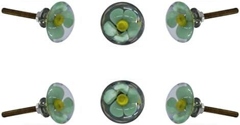 Set of 6 Cabinet Knobs Glass Mendip Green and Yellow Flower Handmade Drawer Pull Diameter 1.2" (30 mm) Cupboard Pull Dresser Door Handle by Trinca-Ferro