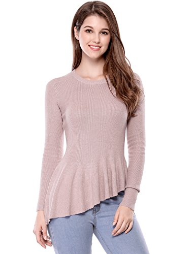 Allegra K Women's Long Sleeve Ribbed Knit Ruffle Hem Peplum Top S Pink