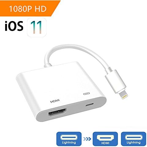 Lightning to HDMI, Lightning Adapter Cable, 1080P Lightning Digital AV Adapter, Sync Screen HDMI Connector with Charging Port for Select iPhone/iPad Models, Support iOS 11 and Before, No APP Needed