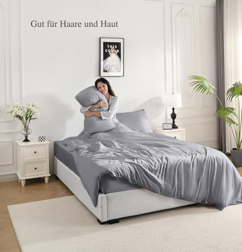 bienDo Duvet Cover Set 240 x 220 cm, Bamboo (400 Thread Count) for 150/160 Bed, Vegan Silk, Ultra Soft and Cooling, Breathable-Grey