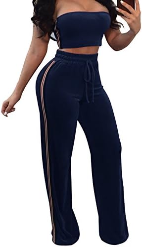 JUSICA Womens Two Piece Outfits Bandeau Top Pants Set Sports Sweat Suits Navy,Small