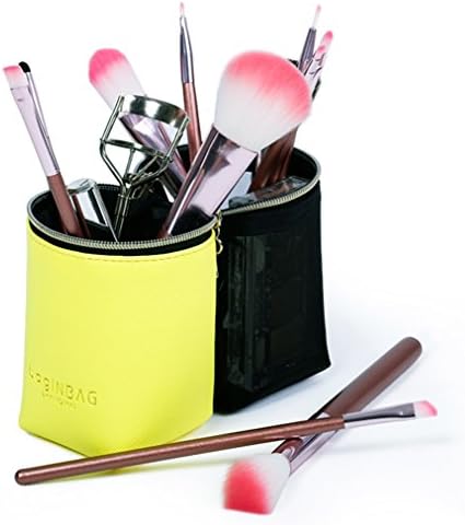 bag in bag PU Mesh Makeup Brush Holder Pen Organizer Case Half Open 2 Cup Snap Together,Yellow(Brush not include)