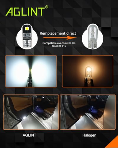 AGLINT T10 LED Bulbs Canbus Error Free 12V White No Polarity Designed W5W 194 501 168 Wedge Car Interior Dome Light Door Side Trunk Ceiling License Plate 10Pcs
