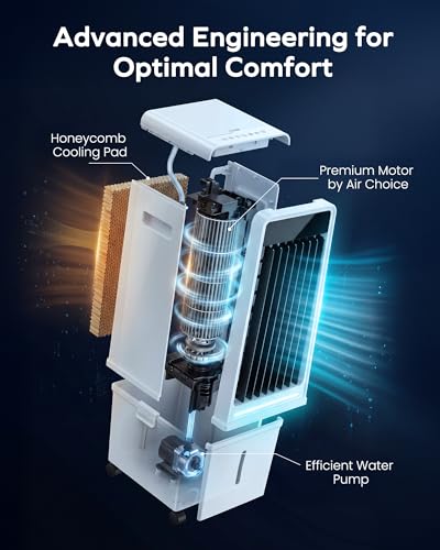 Air Choice Swamp Cooler, 30" Windowless Portable Air Conditioners with 3.7Gal Water Tank, 2 Ice Packs, Oscillation, 3 Speeds/Modes, 12H Timer, Night Light, Portable Swamp Cooler for Bedroom Office