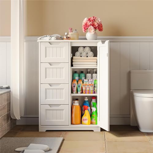 Gizoon Bathroom Floor Storage Cabinet with 4 Drawers, Freestanding Storage Organizer Cabinet with Door and Adjustable Shelves Wooden for Small Places in Kitchen Bathroom Entryway, White