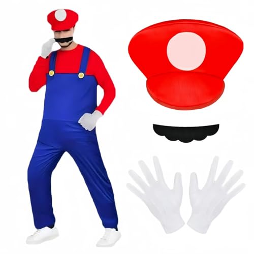 BSBUY Mario Bros Costume, 4pcs Mario and Luigi Classic Accessory Set with Gloves, Mustache and Red Cap, for Halloween, Carnival and Christmas, Cosplay for Men, Women, Adult, Children