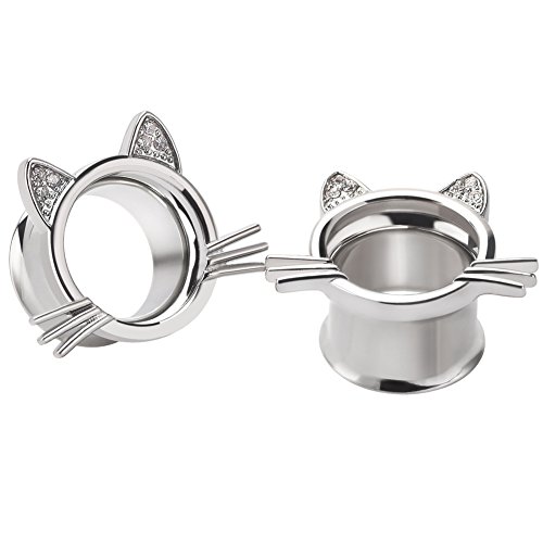 Longbeauty 2Pcs Silver Cute Kitten Ear Plugs Tunnels Gauges Stretcher Piercings in 3 Colors Gauge 3/4"