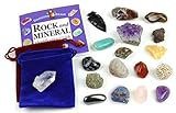 Dancing Bear Rock and Mineral Geology Education Collection - 18 Pcs of Gem Stones w Identification Book. Box and 2 Velvet Pouches Included! Geology Gem Kit for Kids