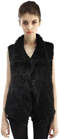 OLLEBOBO Women's Genuine Rabbit Fur Knitted Vest with Collar without Belt Size S Black
