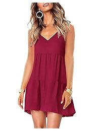 Imysty - Vestido de mujer con cuello en V con correa de espagueti plisada sin mangas para verano casual Swing a line