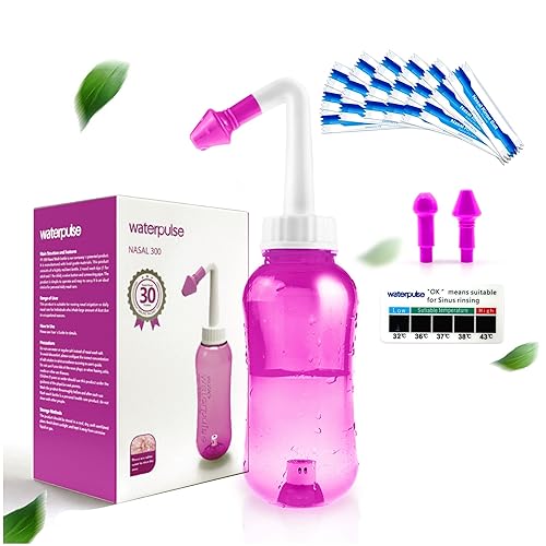 Waterpulse Neti Pot Sinus Rinsing, Nasal Wash Bottle Sinus Rinsing Bottle Cleaner Pressure Irrigation Neti-Pot with Sticker Thermometer for Adult & Kid BPA Free (Pink)