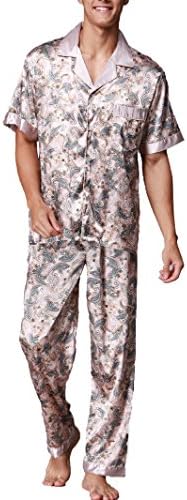 Musen Men Sleepwear Silk Pajama Set Pajama Shirt and Pant Satin Loungewear Camel Short Sleeve L