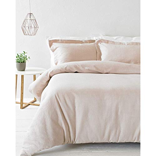 Riva Home Paoletti Double Duvet Cover Set Blush Pink Waffle Weave Texture 2 x Oxford Border Pillowcases Included 100% Cotton Machine Washable 200 x 200cm (79 x 79 inches)