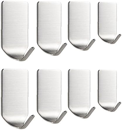 Self Adhesive Hooks,SUS304 Stainless Steel Robe Coat Towel Hook, Super Power 3M Heavy Duty Key Hook Rack,No Drill,Waterproof, for Kitchen Bathroom,Wall Mount,Brushed Nickel(8 Pieces)