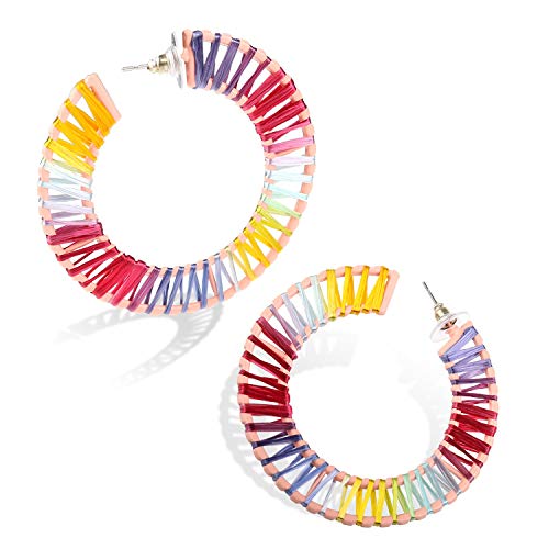 Rattan Drop Hoop Raffia Geometric Handmade Rainbow Earring Daily Party with Gift Box HLE138 Colorful