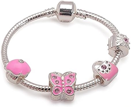 Liberty Charms Girls Pretty in Pink Silver Plated Charm Bracelet with Gift Box. (6.3in/16cm/5-8yrs)