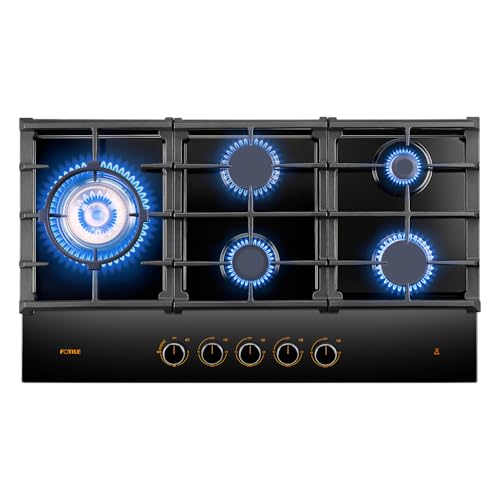 FOTILE GLG36501 36” Black Tempered Glass 5-Burner Gas Cooktop, Tri-Ring 18,000 BTUs Left Burner with Flame Failure Protection Removable Grates and Installation/LP Kit