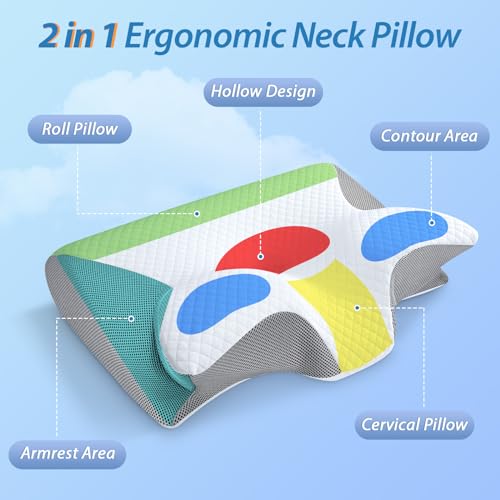 HOMCA 2-in-1 Ergonomic Neck Pillow, Memory Foam Pillow for Back, Side and Stomach Sleepers, 60 x 40 x 12/14 cm, Grey