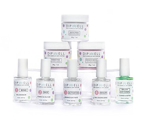 Dipping Nail Starter Kit, Easy Acrylic Powder and Gel Resin Kit For Dip, Starter System For French Set by DipWell Nails (Comes With Bond, Base, Activator, Sealer, Brush Softener + 3 Powder Jars)
