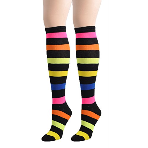 Angelina Knee High Socks, Black with Neon Stripes #2540B_1Blk