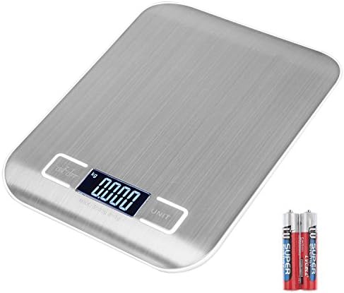 LULUYUKI Mini Anti-fingerprint Stainless Steel Digital Kitchen Scale 11 lb/5kg ,High-precision Food Scale for Baking ,Meal ,Herb ,Jewelry Scale ,Silver with Batteries Included