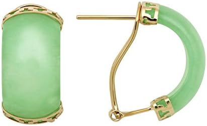 14k Yellow Gold Natural Green Jade Greek Key Omega Back Half Hoop Earrings