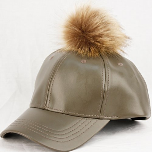 Faux Leather Five Panel Pom Pom Baseball Cap (GRAY)