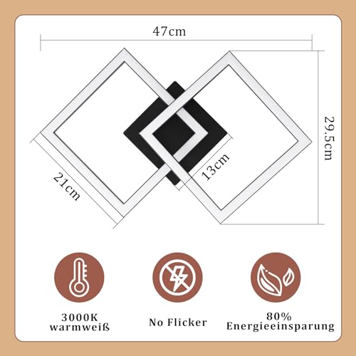 Homefire LED Ceiling Light, Kitchen, 24 W, Kitchen Lamp, Black, Living Room Lamp, Modern Design, Hallway Lamp, Warm White, Hallway, Bedroom Lamp, Square, for Living Room, Bedroom | Living Room Lamp Modern Design Hallway Lamp Warm White Hallway Bedroom Lamp Square Ceiling Lighting for Living Room Bedroom
