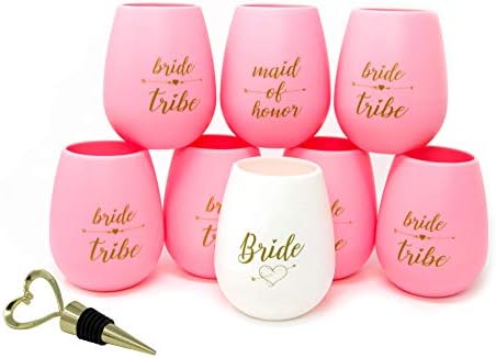 Bride Tribe Bachelorette Party Silicone Cups - Set of 8 Bundled with Wine Bottle Stopper and Drawstring Bag - Bridal Wedding Gift Celebration Durable Decorations (Pink, 8)