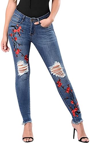 ZhuiKun High Waist Embroidered Skinny Jeans Womens Stretchy Jeggings Distressed Denim Pants
