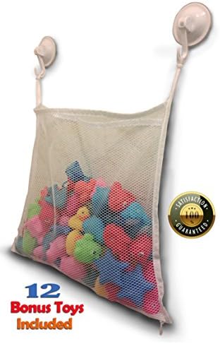 Bath Toy Organizer + 12 BPA-Free Bonus Baby Toys - Extra Large Mesh Net Storage Bag - Innovative Bottom Zipper and Hook Reinforcement (White)