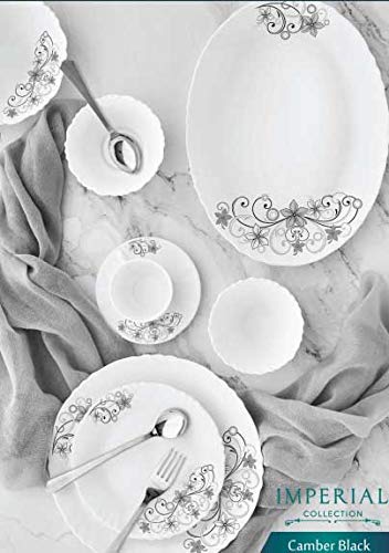 CELLO OPALWARE Glass Camber Black Dinner Set (White) -33 Pieces