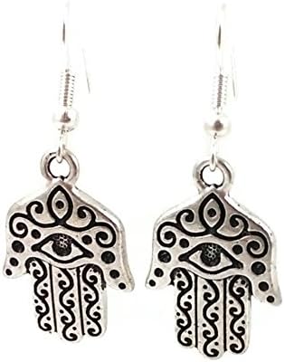 Stainless Steel Dangle Earrings Hamsa Hand Silver Tone