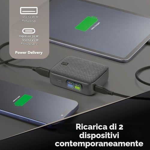 power bank Powerview IQ capacità 10.000 mAh con display TFT intelligente, porta USB-C (input 30 W/output 45 W) e porta USB-A 18 W, ricarica simultanea, finitura tessuto grigio