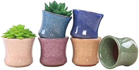 6 Pack 2.5 inch Mini Ice Crack Ceramic Succulent Planter Pot Unique Colored Flowing Glaze Cactus Plant Nursery Pots Container with Drainage for Garden, Deck Railing and Window Sill (2.5 Inch)