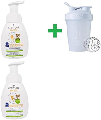 ATTITUDE, Sensitive Skin Care, Baby, 2-in-1, Natural Hair and Body Foaming Wash, Fragrance Free, 8.4 fl oz (250 ml)(2 Packs)+ Assorted Sundesa, BlenderBottle, Classic With Loop, 20 oz