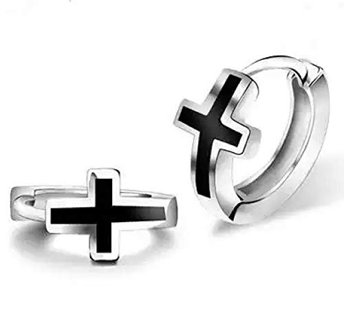 AT Jewellery - 925 Sterling Silver Unisex Black Cross Huggie Hoop Earrings