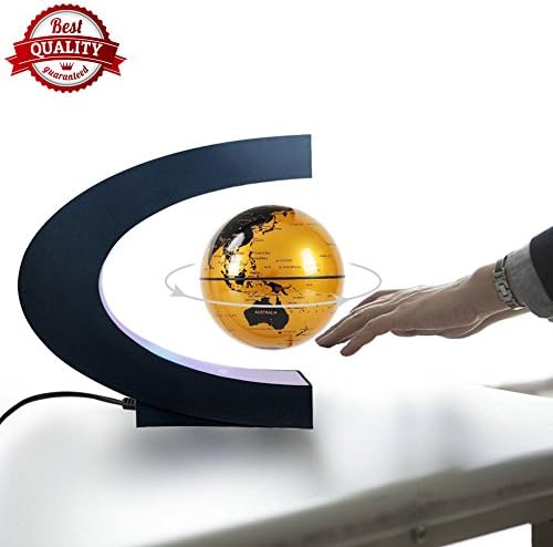 Floating Globes Levitating Globes Anti Gravity Magnetic Globe World Map with LED light, C Shape Earth Rotating Levitation Lamp with Stand- Educational Gifts for Kids, Desk Decoration, Gold