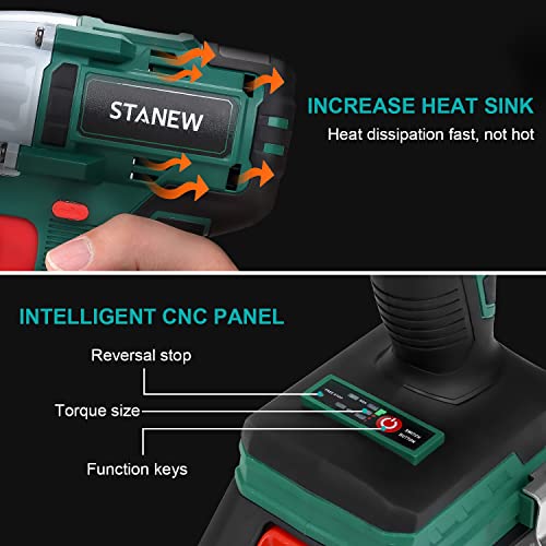 STANEW 320Nm Brushless Cordless Impact Wrench 20 V, Electric Impact Nutrunner with Two 3.0Ah Batteries, Adjustable Torque, Box with 49 Pieces Accessories