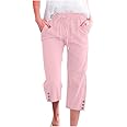 Womens Capris Pants High Waist Drawstring Comfy Casual Pants Casua Lightweight Loose Trousers Buttons Trim with Pockets