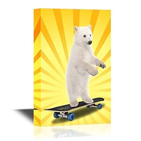 Nursery Art Canvas Wall Art - White Bear Standing on The Stateboard - Gallery Wrap Baby/Kids Room Decoration | Ready to Hang - 12x18 inches