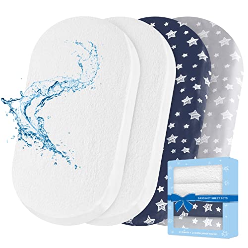 Bassinet Sheets & Waterproof Bassinet Mattress Pad Protector 4 Pack Set, Viscose Terry, Universal Fit for Oval, Hourglass and Rectangular Mattress, Grey & Navy