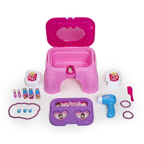 Next Milestones Girls Vanity Makeup and Stool Seat with Jewelry Toy Set, Hair Dryer with Sound, Hair Brush, Necklace, Lipstick, Nail Polish, Mirror and more
