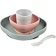 BEABA Silicone 4 Piece Baby Feeding Set, Suction Plates for Baby, Includes Baby Plate, Baby Bowl, Baby Cup, 2nd Stage Silicone Spoon, High Grade Food Safe Silicone, Baby Must Haves, Eucalyptus