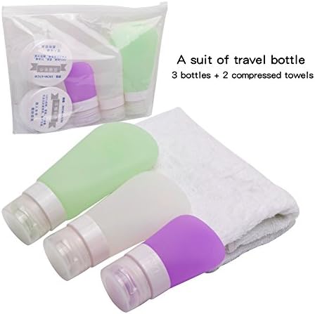 Abo Silicone Travel Bottle Set TSA Approved Set of 3 Portable Leak Proof Travel Containers Perfect for Shampoo Conditioner Lotion Toiletries 1.3Oz 2Oz 3Oz, Equipped with 2PC Compressed Towels