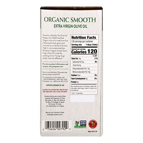 Pompeian USDA Organic Extra Virgin Olive Oil, First Cold Pressed, Smooth, Delicate Flavor