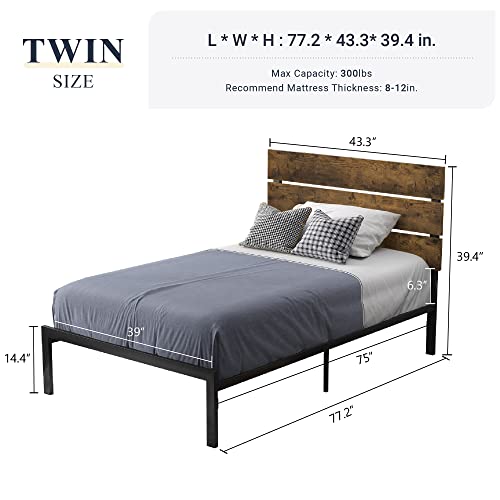 Allewie Twin Size Platform Bed Frame with Wooden headboard and Metal