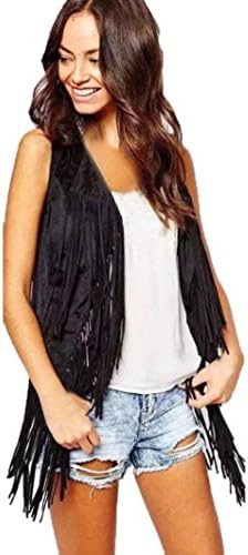 Kstare New Women Fashion Autumn Winter Faux Suede Ethnic Sleeveless Tassels Fringed Vest Cardigan (Black, S)