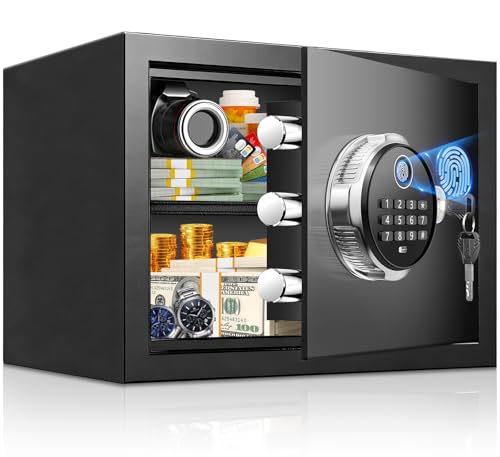 1.25 Cu Ft Fingerprint Safe for Home, Biometric Home Safe Box with Digital Keypad & Backup Keys, Large Steel Security Safe with Alarm System, Removable Shelf & LED Light for Cash Jewelry Documents